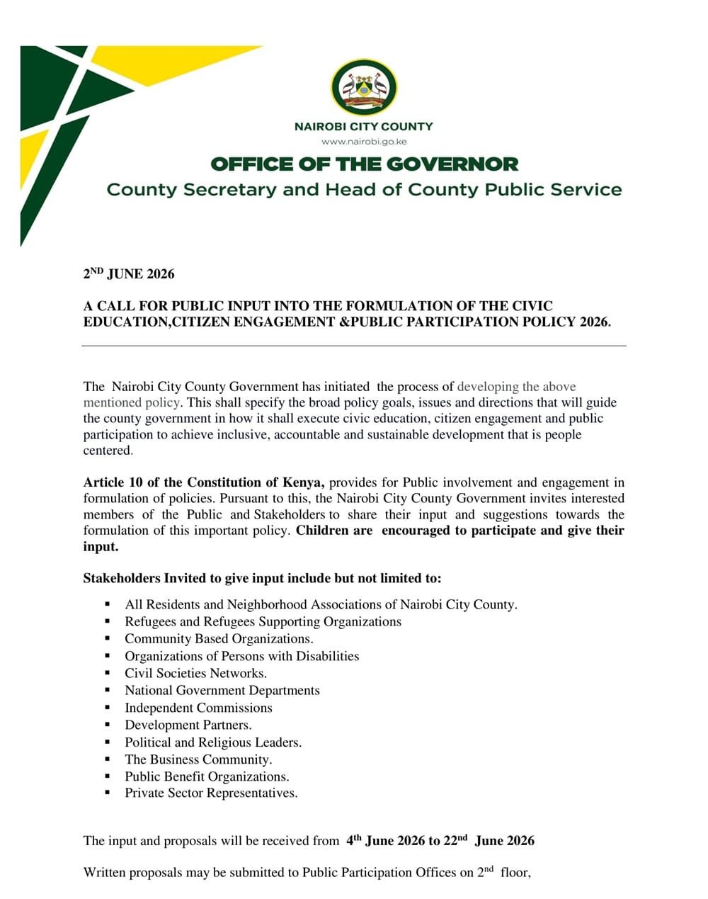 Official Nairobi County Letter